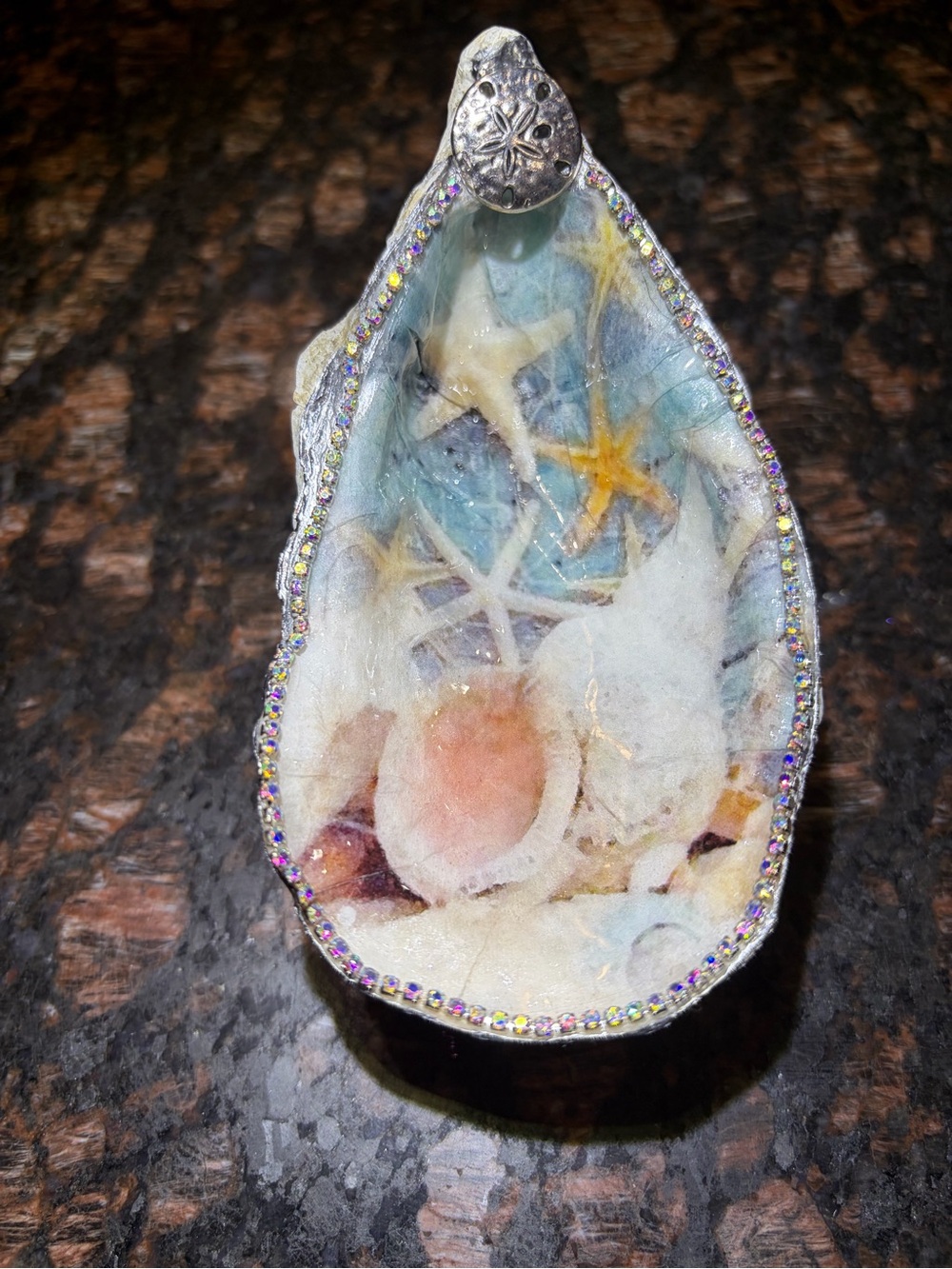 Handmade decoupage coastal oyster trinket dish